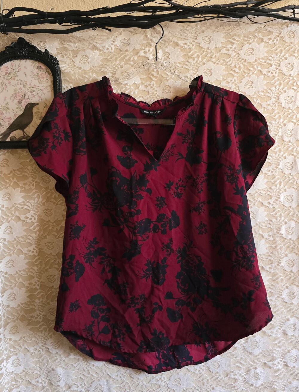 Moody Black & Burgundy Floral Print - Tulip Sleeve Top - whimsigoth, goth